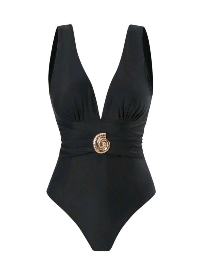 SHEIN-2pcs/Set Swim Solid Black One-Piece Swimsuit & Mesh Placement Print Maxi Dress - Image 4
